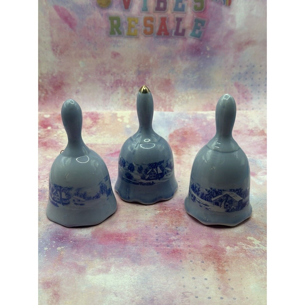 Set Of 3 Blue Winter Scene Bells